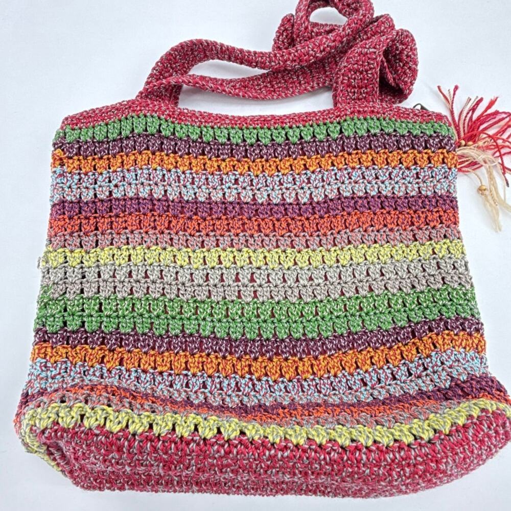 The Sak Multicolor Crochet Knit Shoulder Tote Bag Boho Striped Tassel 14x11